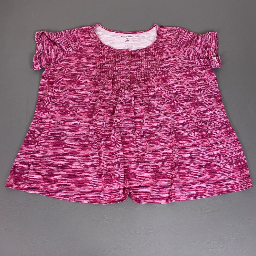 Woman Within Blouse‎ Top Womens 1X Pink Space Dye Pintuck Buttons Short Sleeve